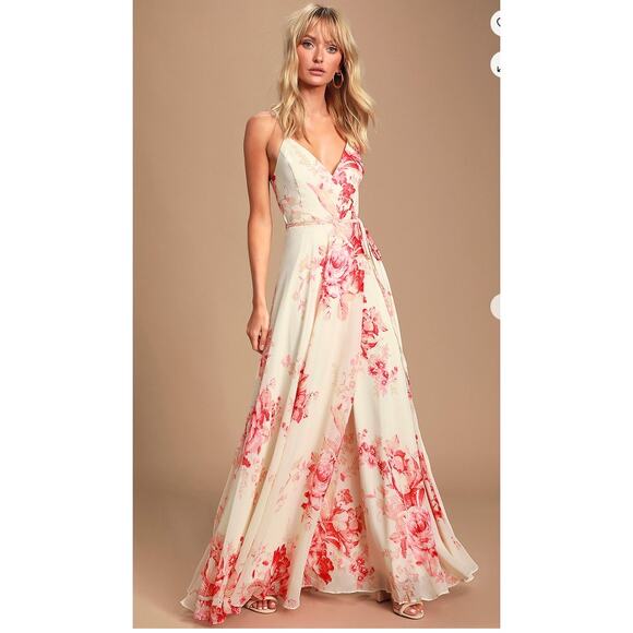 Lulus Cream and Coral Floral Wrap Elegantly Inclined  Maxi Dress Size: S - Picture 10 of 15